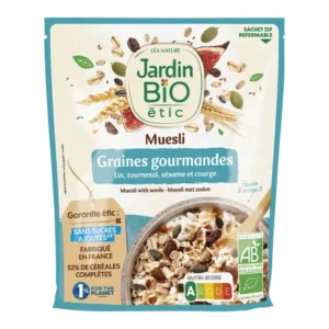 muesli biologique sans sucre ajouté jardin bio - 375g avec 5 graines et raisins secs