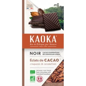 chocolat noir bio équitable 61% avec éclats de fèves de cacao caramélisés - 100g