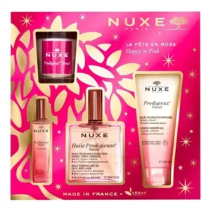 nuxe coffret la fête en rose - coffret prodigieux floral avec huile, parfum, gelée de douche et bougie