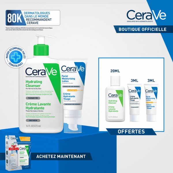 cerave crème lavante hydratante peau normale à sèche 473ml + crème hydratante spf50 = 3 miniatures offertes